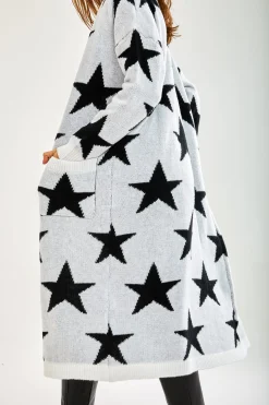 Women's Cardigan in White with Long Sleeves, Whimsical Star Pattern, Comfortable Fit, Liquorish