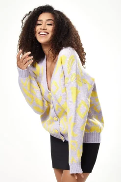Women's Cardigan in Yellow and Lilac Geometric Pattern with Long Sleeves - Stylish Button-Up by Liquorish