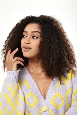 Women's Cardigan in Yellow and Lilac Geometric Pattern with Long Sleeves - Stylish Button-Up by Liquorish
