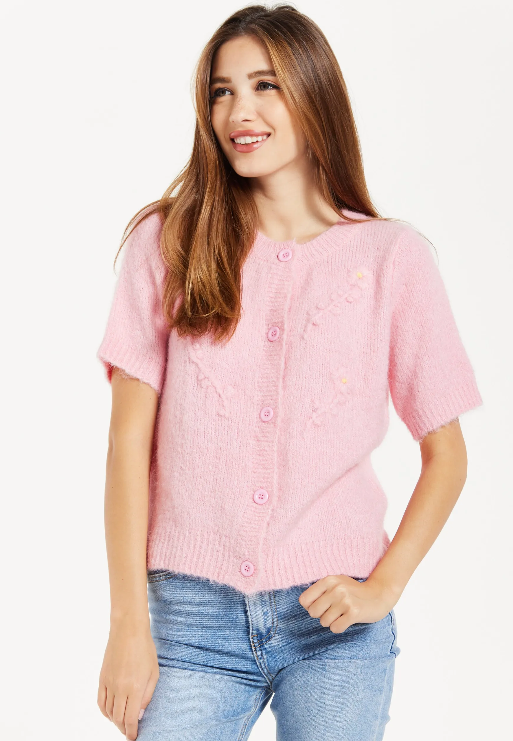 Women's Cardigan Pink Floral Short Sleeve Knitted with Button-Down Front, Chic Comfort by Liquorish