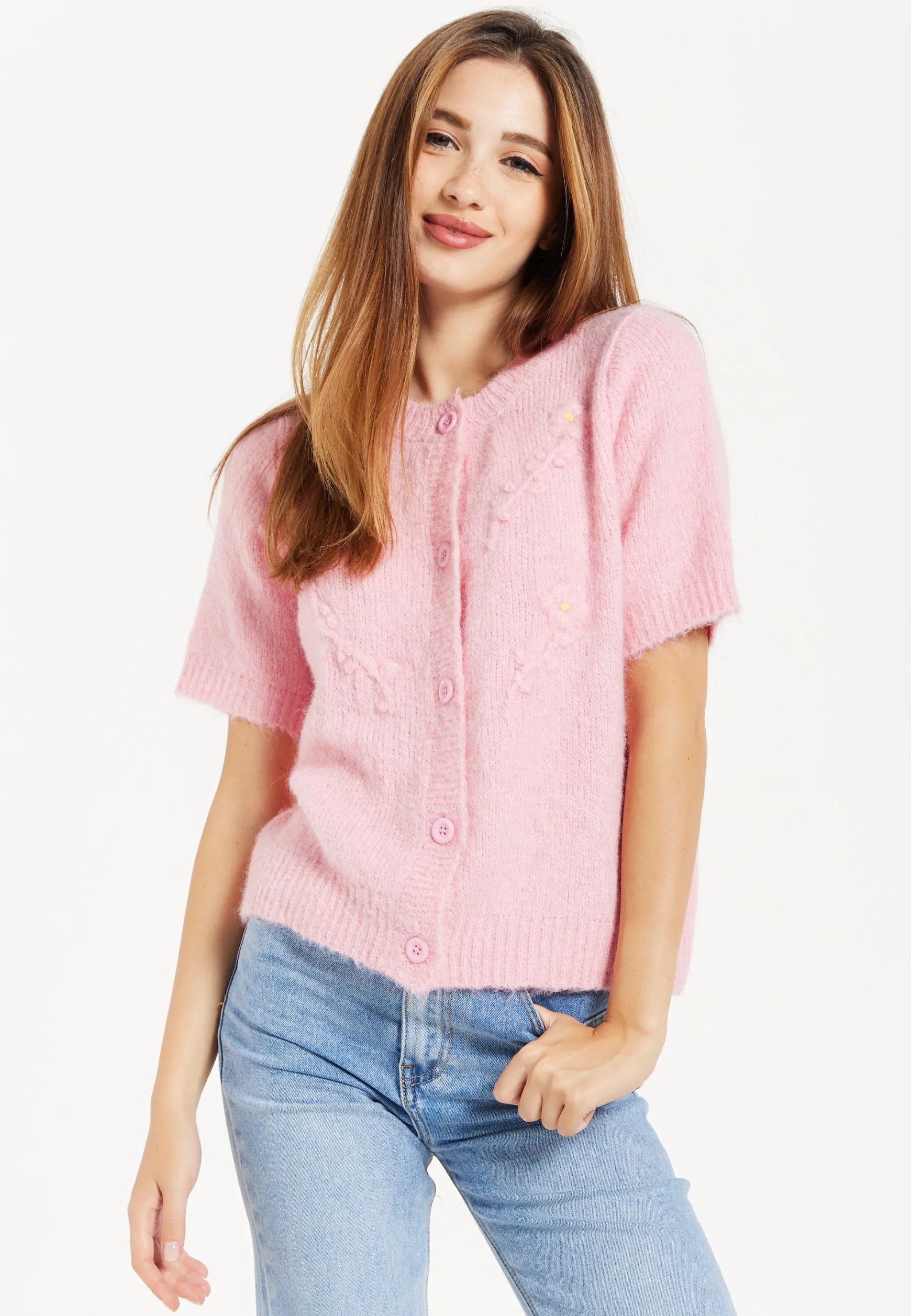 Women's Cardigan Pink Floral Short Sleeve Knitted with Button-Down Front, Chic Comfort by Liquorish