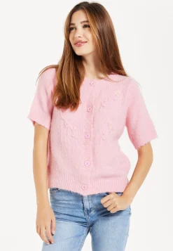 Women's Cardigan Pink Floral Short Sleeve Knitted with Button-Down Front, Chic Comfort by Liquorish