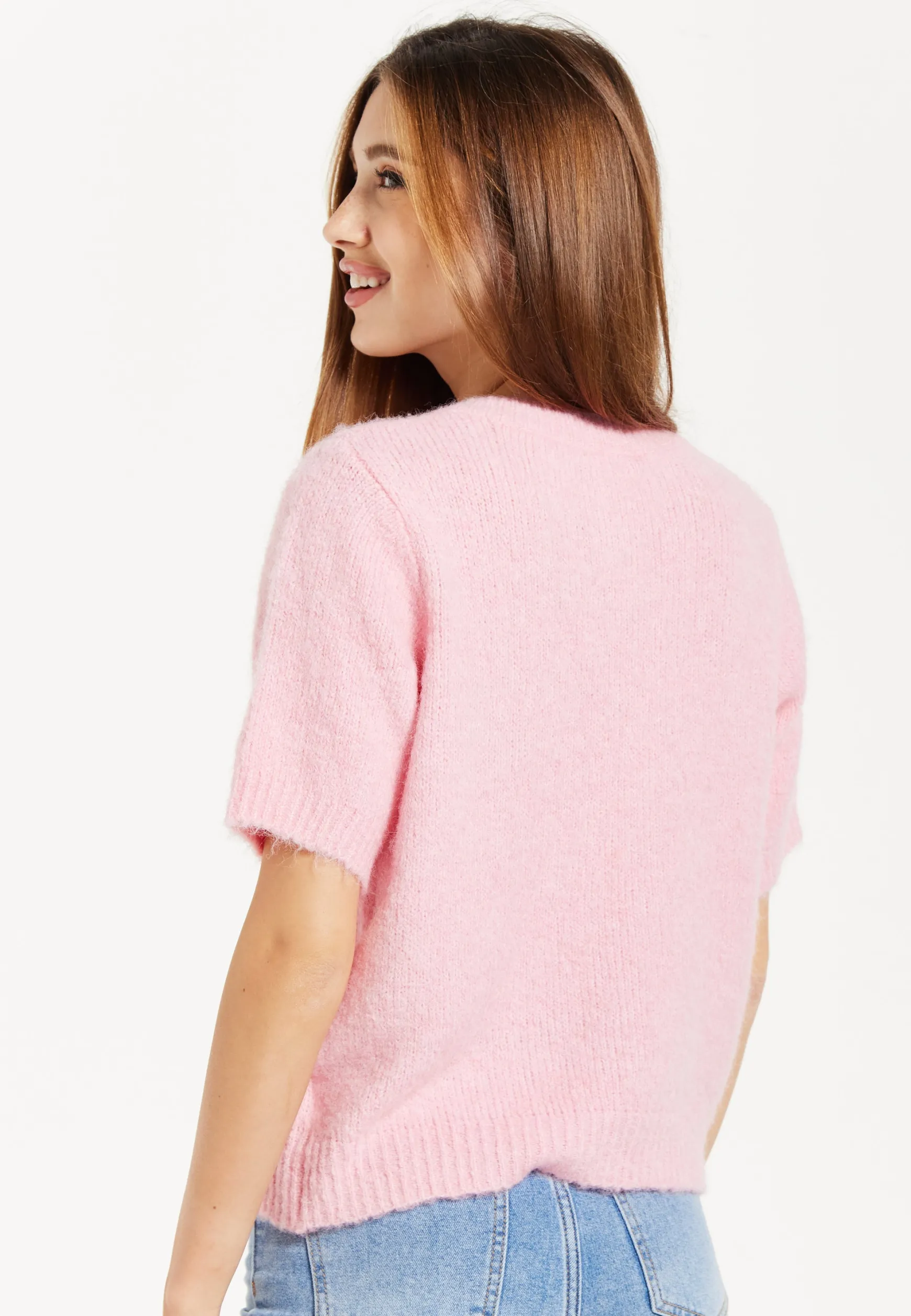 Women's Cardigan Pink Floral Short Sleeve Knitted with Button-Down Front, Chic Comfort by Liquorish
