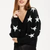 Women's Cardigan with Long Sleeves, Star Pattern, Front Buttons in Black - Liquorish