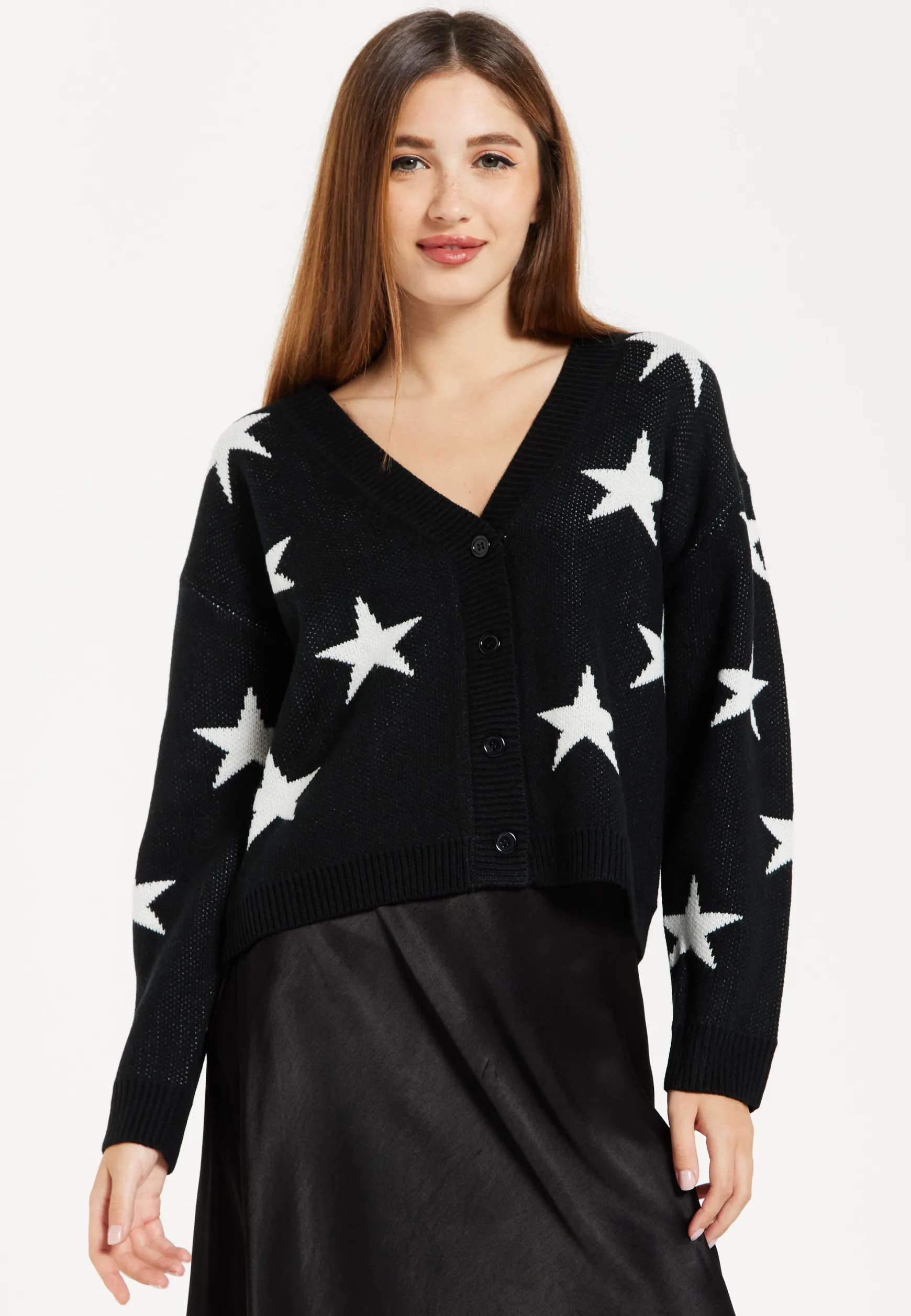 Women's Cardigan with Long Sleeves, Star Pattern, Front Buttons in Black - Liquorish