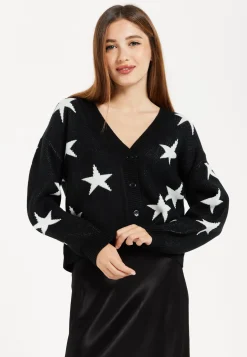 Women's Cardigan with Long Sleeves, Star Pattern, Front Buttons in Black - Liquorish