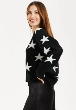 Women's Cardigan with Long Sleeves, Star Pattern, Front Buttons in Black - Liquorish