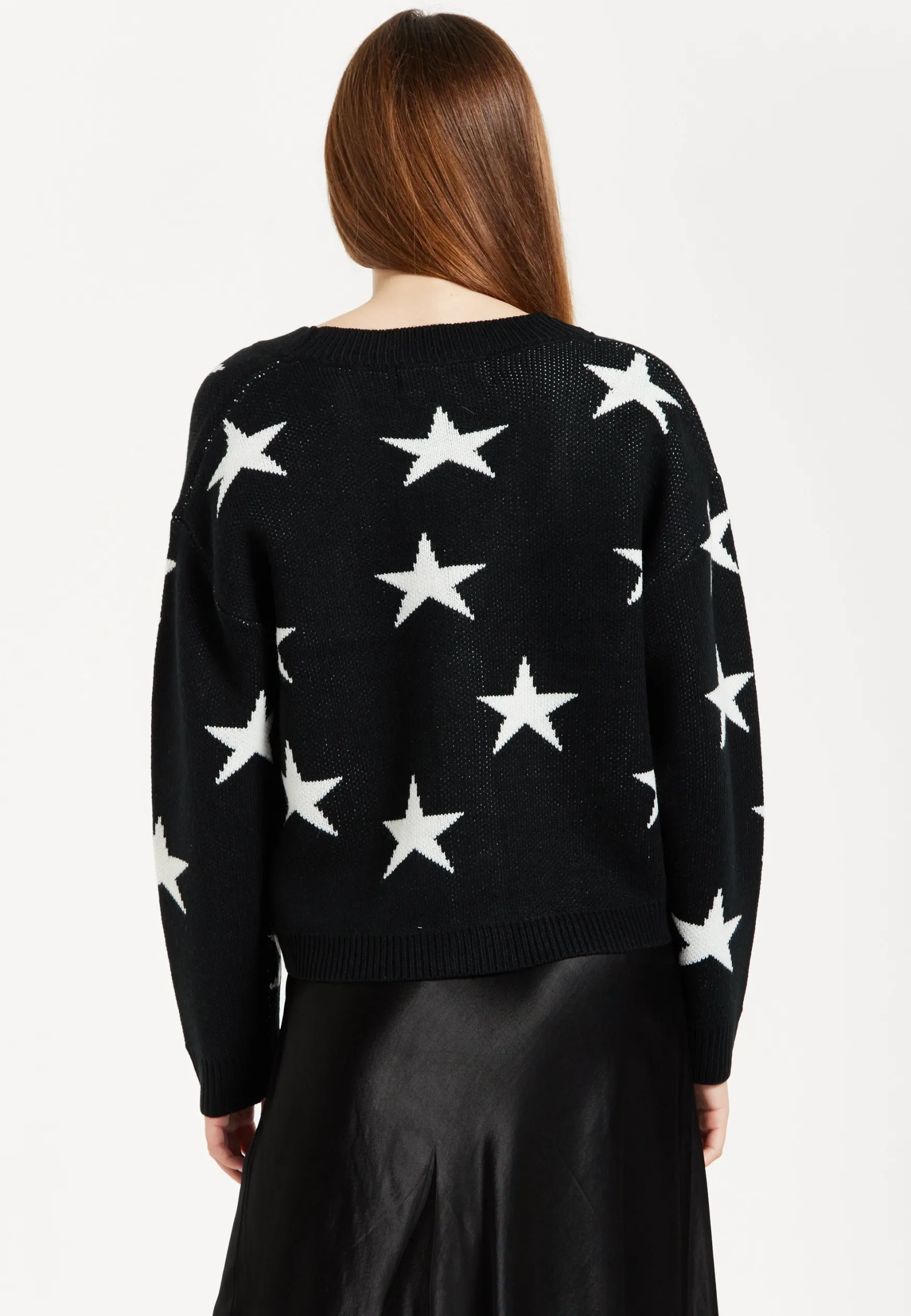 Women's Cardigan with Long Sleeves, Star Pattern, Front Buttons in Black - Liquorish