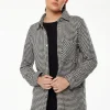 Women's Checked Shirt in Black & White - Long Sleeve, Classic Collar, Chest Pocket, Regular Fit, Raw Hem