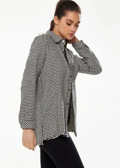 Women's Checked Shirt in Black & White - Long Sleeve, Classic Collar, Chest Pocket, Regular Fit, Raw Hem