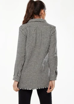Women's Checked Shirt in Black & White - Long Sleeve, Classic Collar, Chest Pocket, Regular Fit, Raw Hem