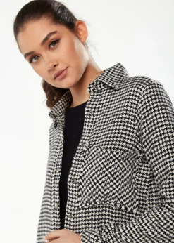 Women's Checked Shirt in Black & White - Long Sleeve, Classic Collar, Chest Pocket, Regular Fit, Raw Hem