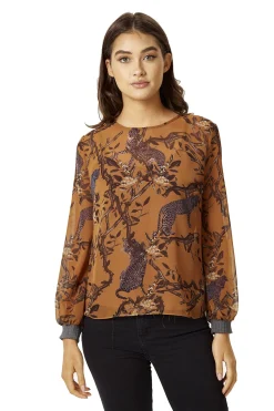 Women's Cheetah Print Long Sleeve Top in Grey with Elasticated Cuffs - Regular Fit, Stylish and Comfortable