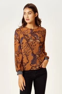 Women's Cheetah Print Long Sleeve Top in Grey with Elasticated Cuffs - Regular Fit, Stylish and Comfortable