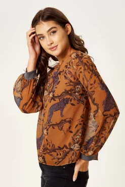 Women's Cheetah Print Long Sleeve Top in Grey with Elasticated Cuffs - Regular Fit, Stylish and Comfortable