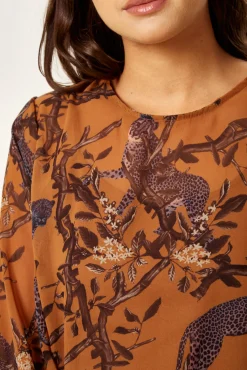Women's Cheetah Print Long Sleeve Top in Grey with Elasticated Cuffs - Regular Fit, Stylish and Comfortable