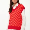 Women's Chequered Knitted Vest in Orange & Red - V-Neck, Side Slits, Regular Fit, Perfect for Sizes 8-14.