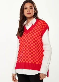 Women's Chequered Knitted Vest in Orange & Red - V-Neck, Side Slits, Regular Fit, Perfect for Sizes 8-14.