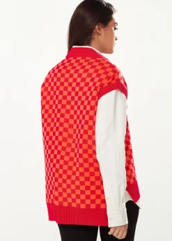 Women's Chequered Knitted Vest in Orange & Red - V-Neck, Side Slits, Regular Fit, Perfect for Sizes 8-14.