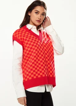 Women's Chequered Knitted Vest in Orange & Red - V-Neck, Side Slits, Regular Fit, Perfect for Sizes 8-14.
