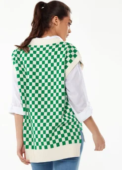 Women's Chequered Knitted Vest in Green and Cream - V-Neck, Distinctive Print, Longer Back Hem, Comfortable Fit.