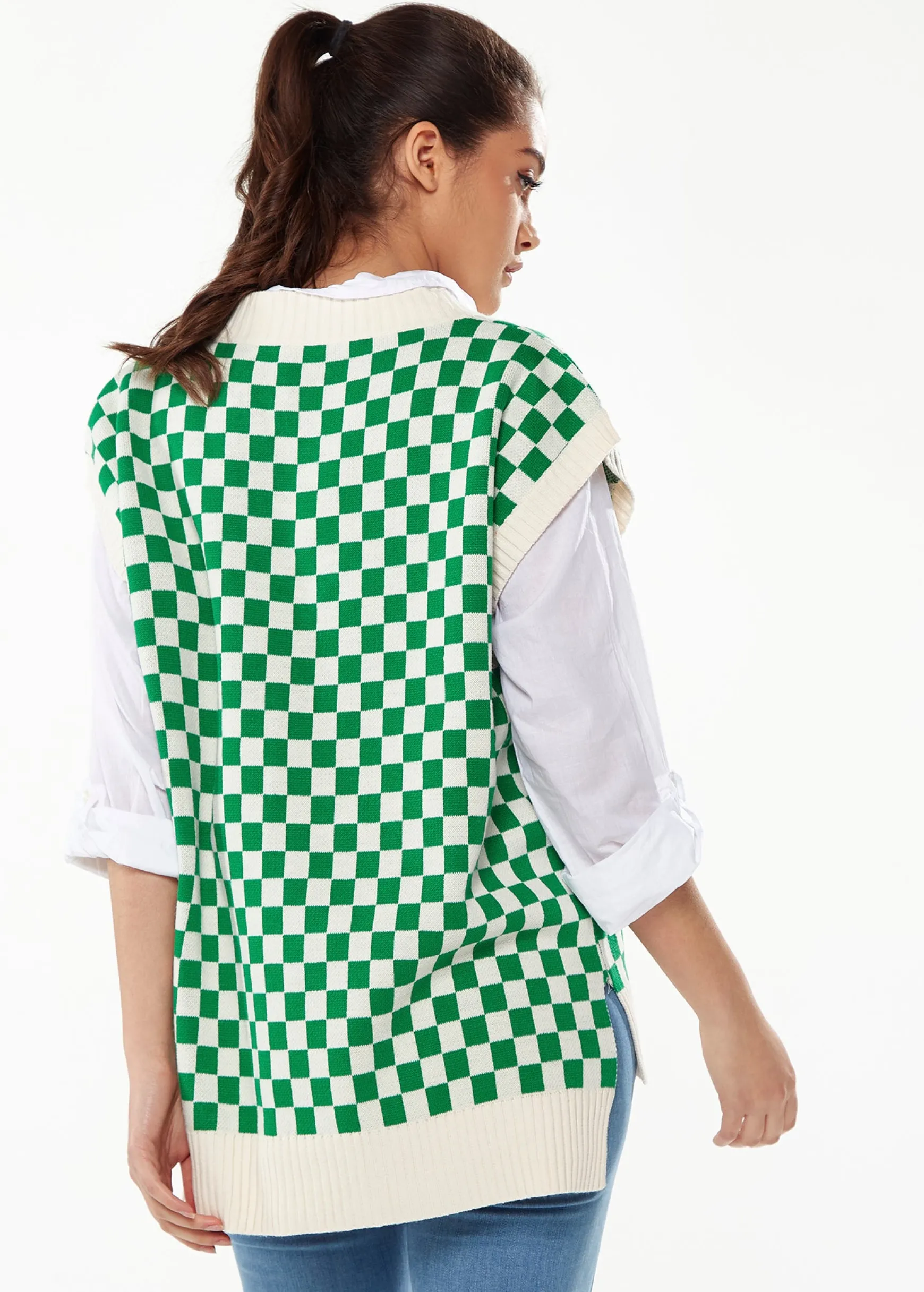 Women's Chequered Knitted Vest in Green and Cream - V-Neck, Distinctive Print, Longer Back Hem, Comfortable Fit.