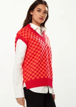 Women's Chequered Knitted Vest in Orange & Red - V-Neck, Side Slits, Regular Fit, Perfect for Sizes 8-14.