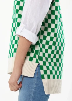 Women's Chequered Knitted Vest in Green and Cream - V-Neck, Distinctive Print, Longer Back Hem, Comfortable Fit.