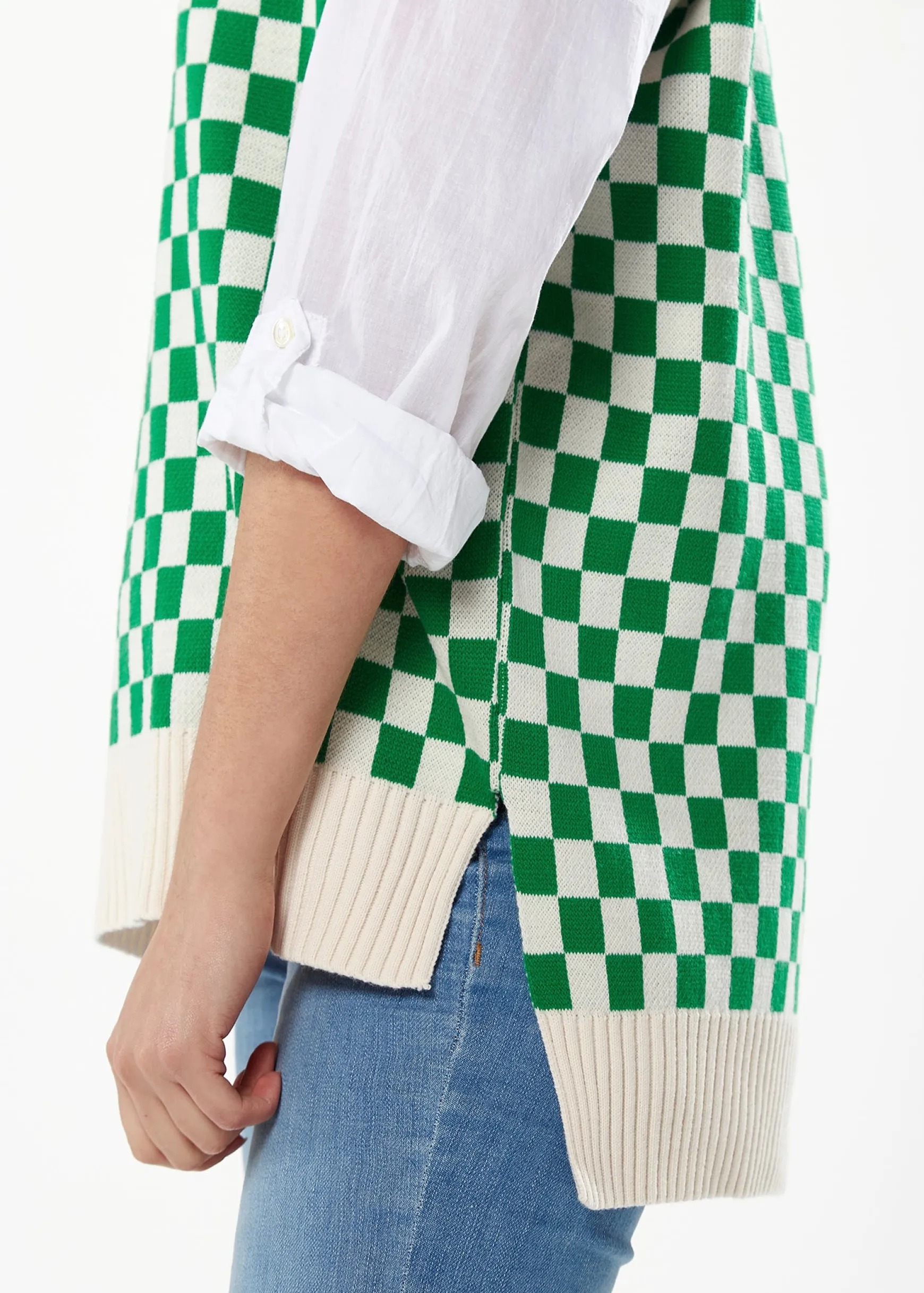 Women's Chequered Knitted Vest in Green and Cream - V-Neck, Distinctive Print, Longer Back Hem, Comfortable Fit.