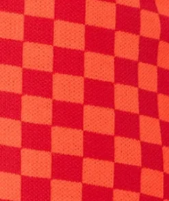 Women's Chequered Knitted Vest in Orange & Red - V-Neck, Side Slits, Regular Fit, Perfect for Sizes 8-14.