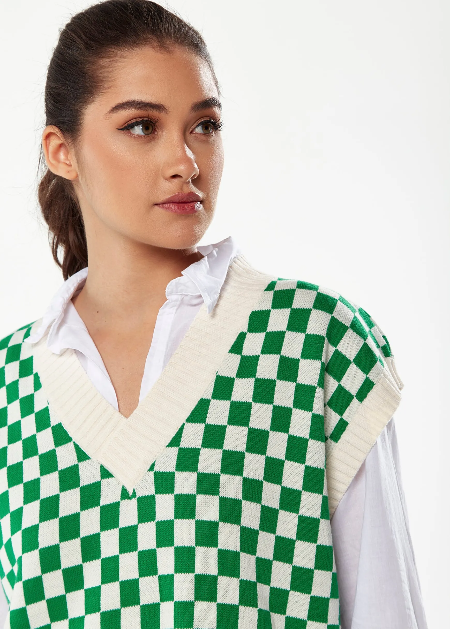 Women's Chequered Knitted Vest in Green and Cream - V-Neck, Distinctive Print, Longer Back Hem, Comfortable Fit.