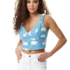 Women's Cloud Print Cropped Top in Blue - Zip Closure, Sleeveless, Crop Style, UK 8/ EU 36/ US 4