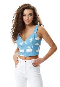 Women's Cloud Print Cropped Top in Blue - Zip Closure, Sleeveless, Crop Style, UK 8/ EU 36/ US 4