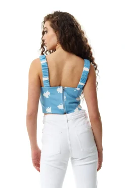 Women's Cloud Print Cropped Top in Blue - Zip Closure, Sleeveless, Crop Style, UK 8/ EU 36/ US 4