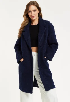 Women's Coat in Classic Blue Bouclé with Notched Lapels and Relaxed Fit - Luxurious Warmth by Liquorish