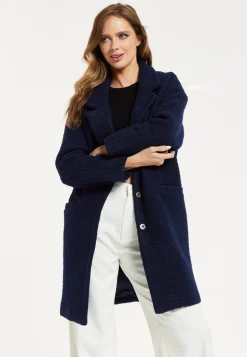 Women's Coat in Classic Blue Bouclé with Notched Lapels and Relaxed Fit - Luxurious Warmth by Liquorish