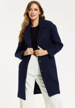 Women's Coat in Classic Blue Bouclé with Notched Lapels and Relaxed Fit - Luxurious Warmth by Liquorish