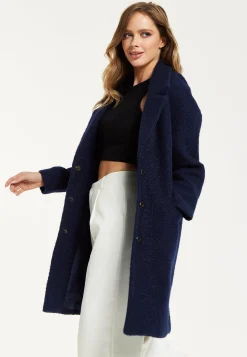 Women's Coat in Classic Blue Bouclé with Notched Lapels and Relaxed Fit - Luxurious Warmth by Liquorish