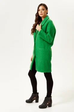 Women's Coat in Fluffy Green Bouclè - Extra Loose Fit with Notch Lapels and Side Pockets - Liquorish