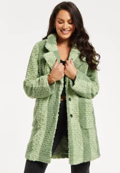 Women's Coat in Green Stripes with Drop Shoulders and Side Pockets - Flattering Fluffy Design by Liquorish
