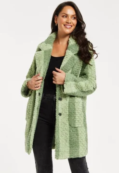 Women's Coat in Green Stripes with Drop Shoulders and Side Pockets - Flattering Fluffy Design by Liquorish