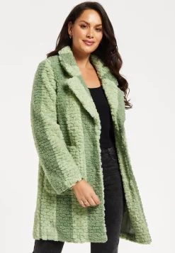 Women's Coat in Green Stripes with Drop Shoulders and Side Pockets - Flattering Fluffy Design by Liquorish