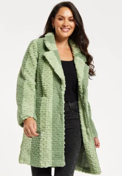 Women's Coat in Green Stripes with Drop Shoulders and Side Pockets - Flattering Fluffy Design by Liquorish