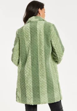 Women's Coat in Green Stripes with Drop Shoulders and Side Pockets - Flattering Fluffy Design by Liquorish