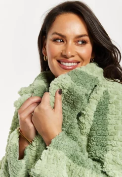 Women's Coat in Green Stripes with Drop Shoulders and Side Pockets - Flattering Fluffy Design by Liquorish