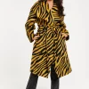 Women's Coat in Mustard and Black Zebra Print with Tie Waist and Longline Cut - Liquorish