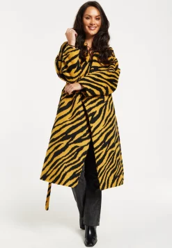 Women's Coat in Mustard and Black Zebra Print with Tie Waist and Longline Cut - Liquorish