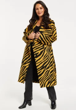 Women's Coat in Mustard and Black Zebra Print with Tie Waist and Longline Cut - Liquorish