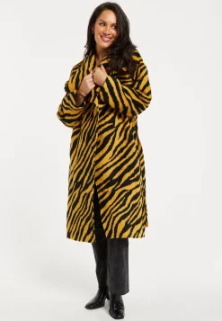 Women's Coat in Mustard and Black Zebra Print with Tie Waist and Longline Cut - Liquorish