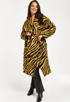 Women's Coat in Mustard and Black Zebra Print with Tie Waist and Longline Cut - Liquorish